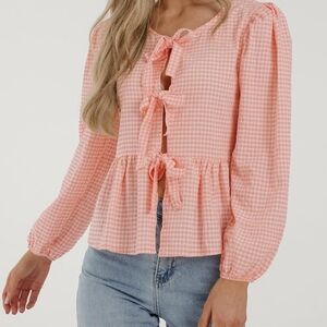 Pink Gingham Tie-Front Blouse
